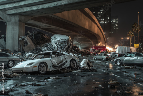 Car wreck during earthquake. Earthquake damage on freeway with car crash. Earthquake destruction, multiple cars in a wreck. photo