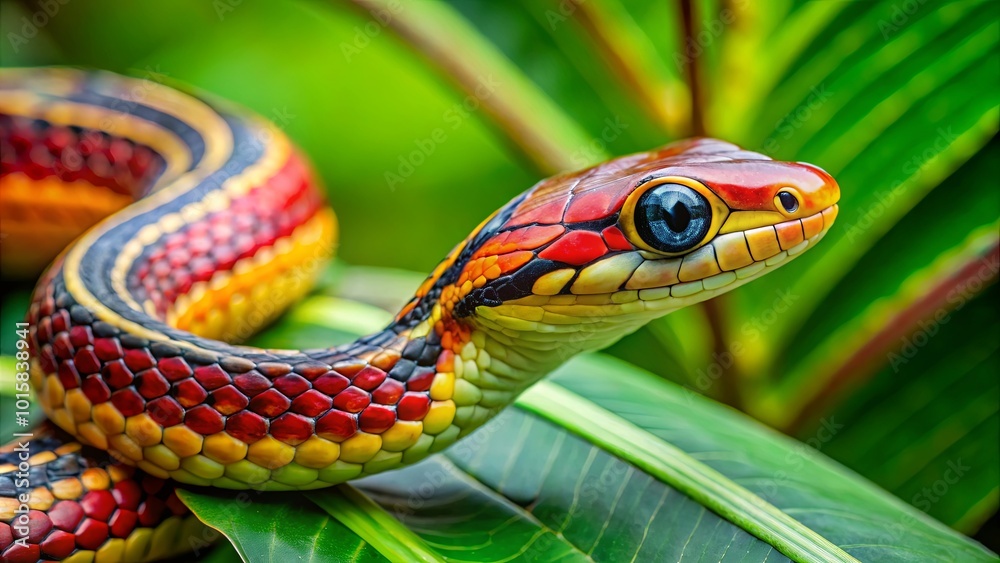Fototapeta premium A vibrant snake with striking red, yellow, and black scales, its blue eye reflecting the lush green foliage