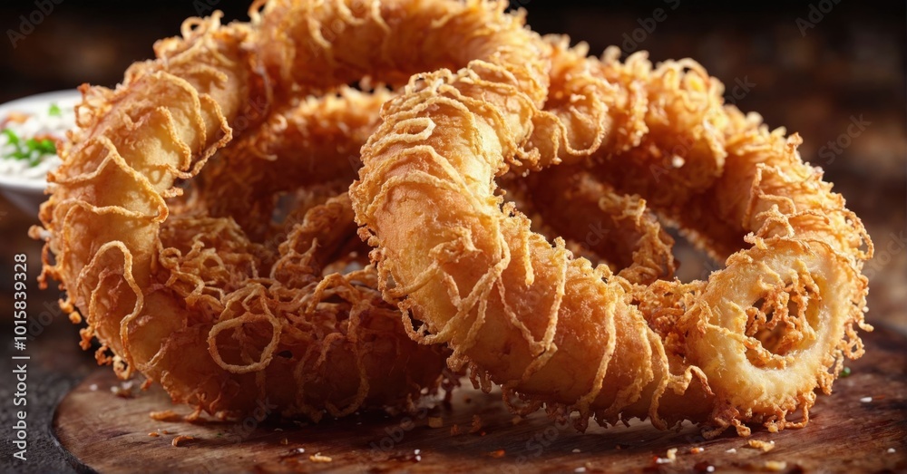 Crispy onion rings with dipping sauce, vibrant colors, ultra-detailed Crispy onion rings with dipping sauce, vibrant colors, ultra-detailed