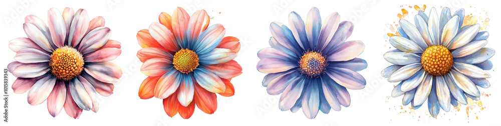 A charming pastel watercolor illustration of a Daisy flower, placed on a transparent background. A charming pastel watercolor illustration of a Daisy flower, placed on a transparent background.