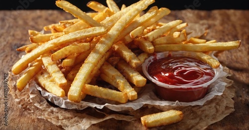 Crispy golden French fries with dipping sauces, vibrant colors