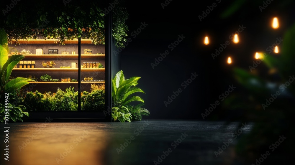 Fototapeta premium Modern interior with plants and shelves under soft lighting.
