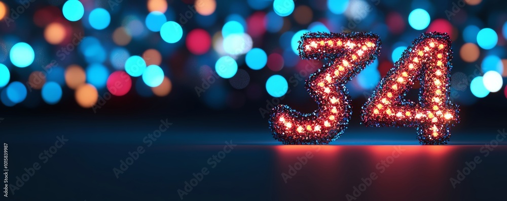Number 34 illuminated with colorful lights, bokeh background, festive atmosphere.