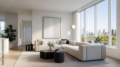 A bright living room featuring contemporary furniture in neutral tones, complemented by natural lighting streaming in from large windows