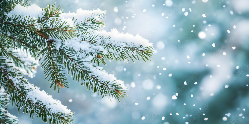 Christmas tree branch with white snow. Christmas fir and pine tree branches covered with snow. background of snow and blurred effect. Gently falling snow flakes against blue Christmas tree branch with white snow. Christmas fir and pine tree branches covered with snow. background of snow and blurred effect. Gently falling snow flakes against blue
