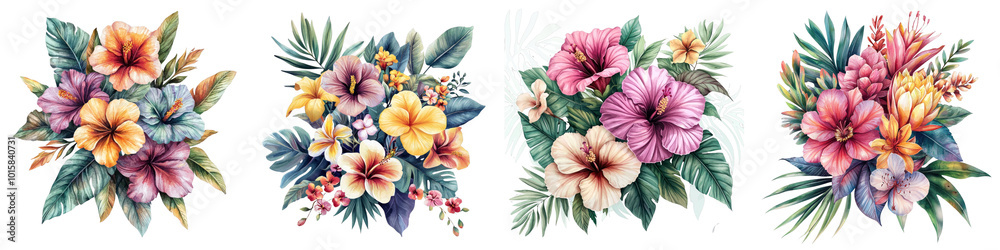 Obraz premium An exotic floral arrangement features unique flowers and colors, showcased on a transparent background.