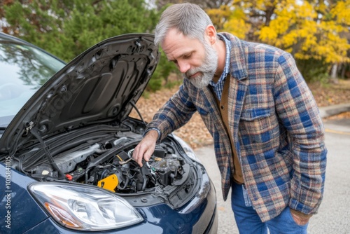 A man in casual is standing next to his broken car and looking at the open hood of an electric vehicle, trying to repair it with tools on the roadside. 