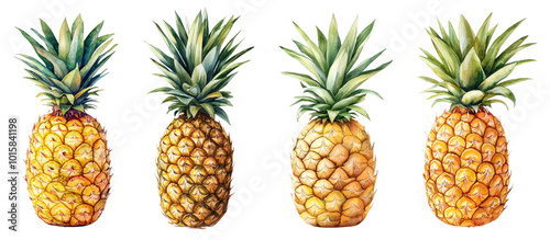 A vibrant watercolor illustration of a pineapple with its green spiky leaves and golden-yellow body, set against a transparent background for a tropical and refreshing feel.
