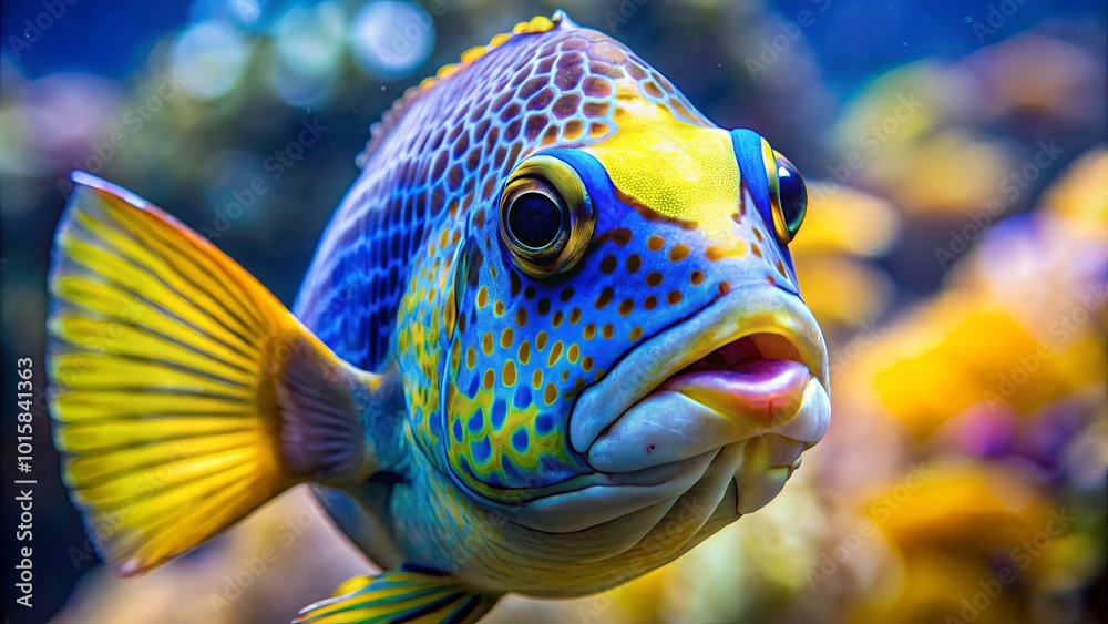 A Vibrant Marine Creature with Striking Blue, Yellow, and Orange Hues, Its Eye Reflecting the Underwater World A Vibrant Marine Creature with Striking Blue, Yellow, and Orange Hues, Its Eye Reflecting the Underwater World