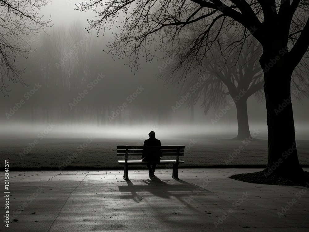 Fototapeta premium Solitude in the Mist black and white bench and tree