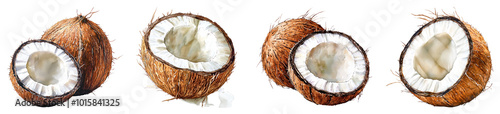 A realistic watercolor image of a coconut half, showing its brown husk and transparent interior, set against a transparent background for a clean and tropical look.