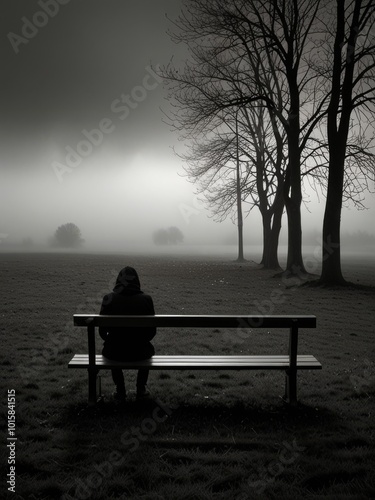 Solitude in the Mist black and white bench and tree