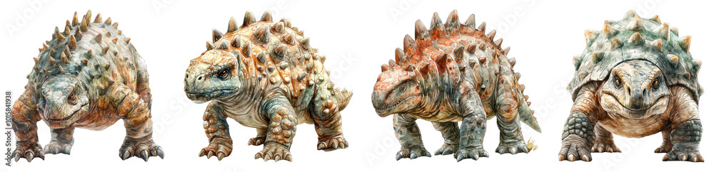 Fototapeta premium A striking watercolor illustration of an armored Ankylosaurus, with its clubbed tail and spiky body, shown on a transparent background.