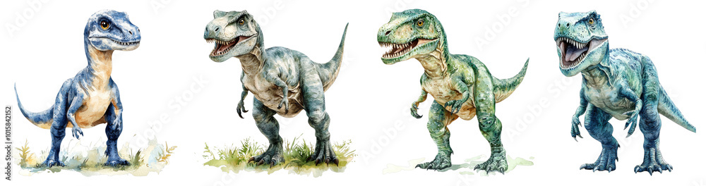 Fototapeta premium A fierce watercolor illustration of an Allosaurus, roaring with sharp teeth visible, centered on a transparent background.