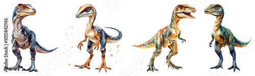 A dynamic watercolor illustration of a fierce Deinonychus, mid-leap with claws extended, displayed on a transparent background. photo