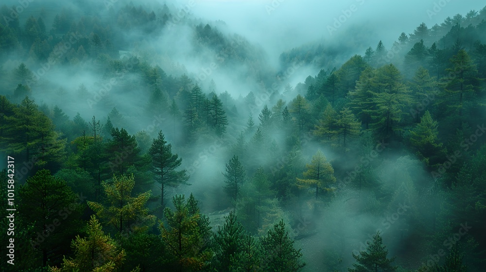 Misty Forest Landscape: A Dreamy Aerial View Misty Forest Landscape: A Dreamy Aerial View