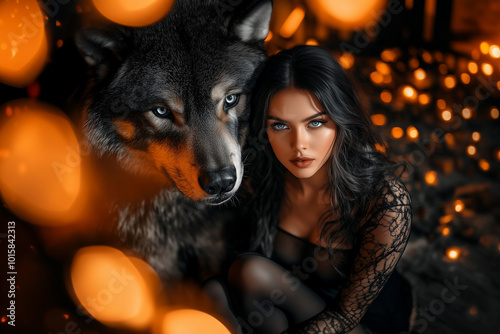 Beautiful dark hair woman sitting near the huge wolf. photo