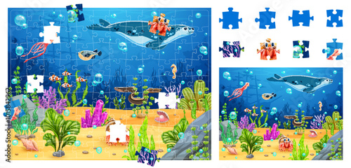 Cartoon underwater landscape with sea animals, jigsaw puzzle game pieces. Vector worksheet, fun and educational activity for children with marine life swimming among colorful corals reefs and plants