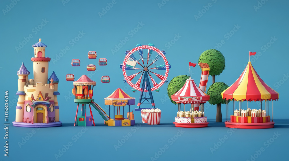 A fun set of cartoon icons featuring an amusement park with a seesaw, a castle, a Ferris wheel, a circus tent, popcorn and ice cream stands.