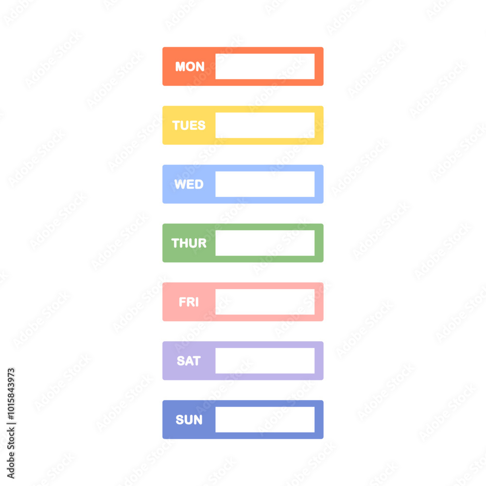 Colorful week day label sticker. Daily plan, schedule, organizer, reminder concepts. Flat decorative vector design isolated illustration on background. Colorful week day label sticker. Daily plan, schedule, organizer, reminder concepts. Flat decorative vector design isolated illustration on background.