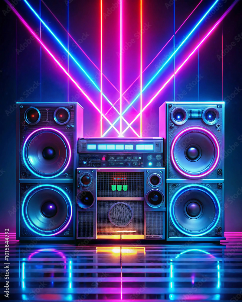 Fototapeta premium A classic tape deck stereo system with glowing neon speakers