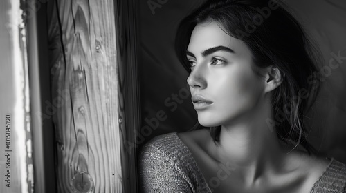 A black and white image of a model sitting by a window, with natural light softly illuminating one side of the face while the other fades into shadow. 8k UHD, suitable for high-quality printing 