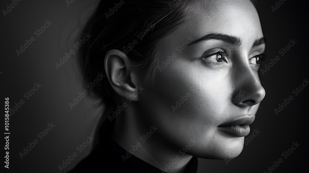 Fototapeta premium A minimalist black and white portrait of a model with a serene expression, framed by high contrast lighting that draws attention to the facial features. 8k UHD, suitable for high-quality printing 