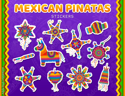 Mexican pinata stickers for holiday fiesta with Latin ornament patterns, vector icons. Cartoon Mexican stickers of pinata Lama, star and heart for birthday fiesta party and Mexico holiday celebration