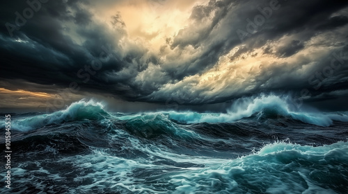 Rough Seas with Stormy Clouds Overhead. Dark, Powerful Nature Image. 