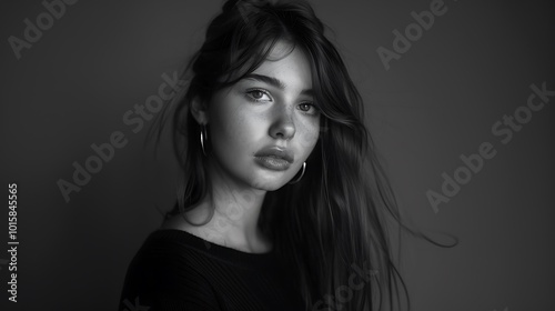 A striking black and white photograph of a model standing in soft lighting, highlighting the contours of the face and body with deep shadows. 8k UHD, suitable for high-quality printing or digital 
