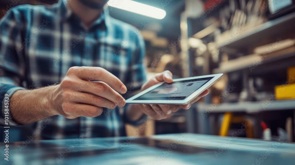 A tech-savvy small business owner using a tablet to manage online orders in a modern workshop, creative environment, tools and materials visible A tech-savvy small business owner using a tablet to manage online orders in a modern workshop, creative environment, tools and materials visible