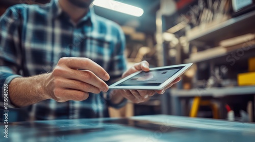 A tech-savvy small business owner using a tablet to manage online orders in a modern workshop, creative environment, tools and materials visible