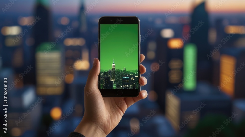 Hand Gripping Smartphone with Display. Blurred Urban Background. Hand Gripping Smartphone with Display. Blurred Urban Background.
