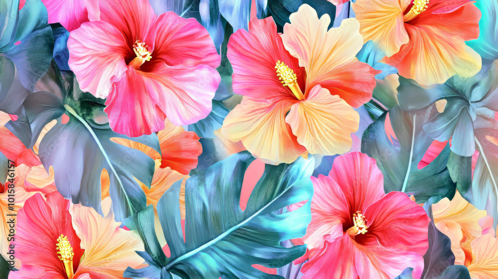 A beautiful wallpaper design with colorful flowers and leaves, perfect for adding a tropical touch to your home.