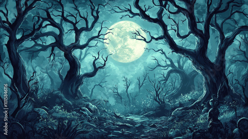 A spooky forest scene at night, bathed in moonlight. The illustration is perfect for Halloween and features a creepy landscape.