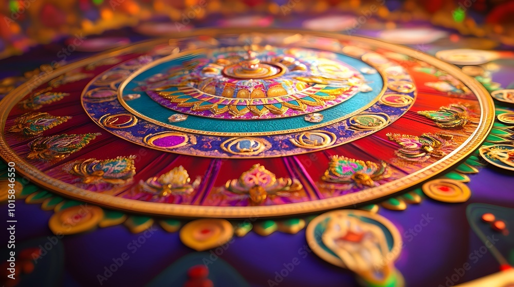 A vibrant image of a mandala with symbols of luck and prosperity