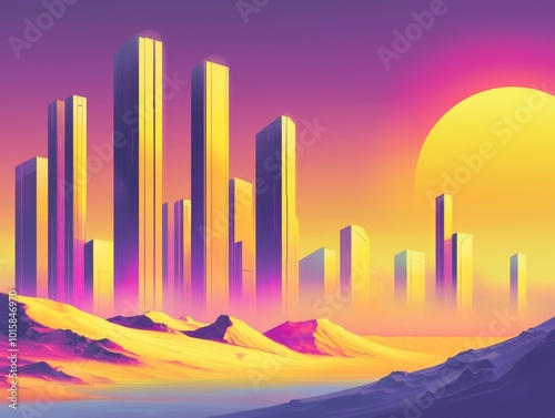 Futuristic Skyscraper Cityscape at Vibrant Sunset in Desert Landscape photo