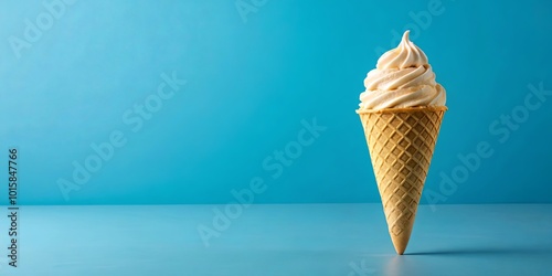 A single waffle cone filled with soft serve ice cream, standing upright against a vibrant blue backdrop.