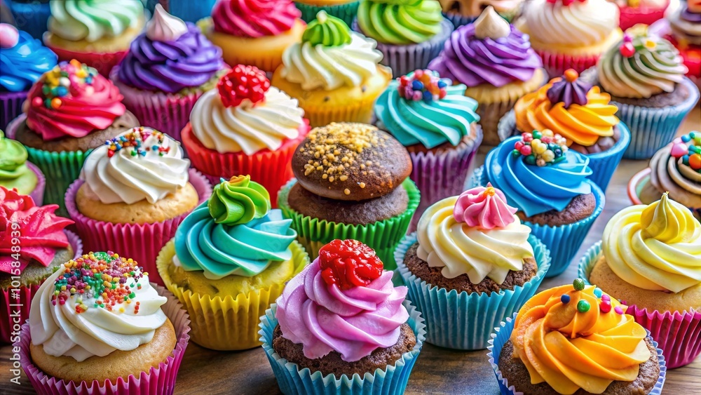 A symphony of colors and textures, these cupcakes burst with sugary delight, showcasing a kaleidoscope of frosting designs and vibrant sprinkles. A symphony of colors and textures, these cupcakes burst with sugary delight, showcasing a kaleidoscope of frosting designs and vibrant sprinkles.