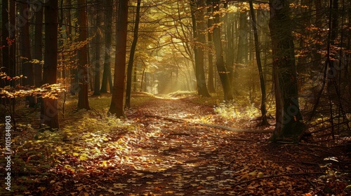 A quiet forest path covered in fallen leaves, with sunlight filtering through the trees, creating a dappled light effect on the ground