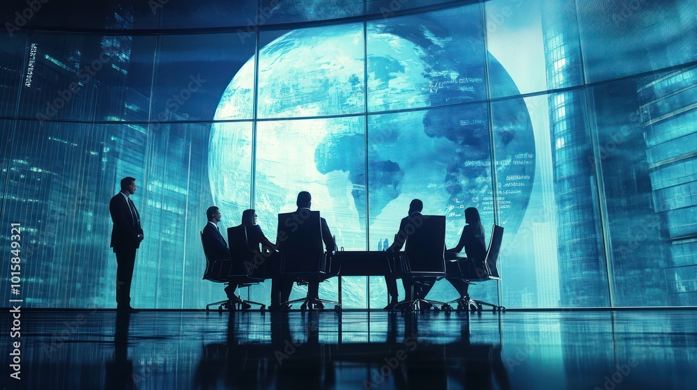 Business leaders discussing global strategy in a sleek boardroom Business leaders discussing global strategy in a sleek boardroom