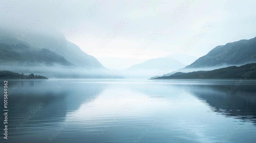 A serene lake at dawn with the first light of the day gently illuminating the calm water, surrounded by mist-covered mountains in the distance A serene lake at dawn with the first light of the day gently illuminating the calm water, surrounded by mist-covered mountains in the distance