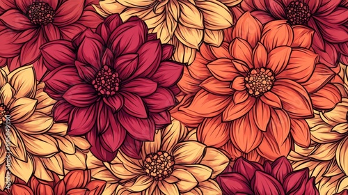 Seamless pattern featuring hand-drawn dahlia flowers in vibrant colors, showcasing intricate details and floral beauty, perfect for textiles, wallpapers, and stationery designs.