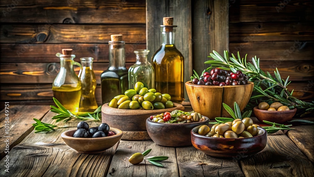 A rustic wooden table adorned with bowls overflowing with olives, herbs, and bottles of golden oil, creating a symphony of flavors and textures. A rustic wooden table adorned with bowls overflowing with olives, herbs, and bottles of golden oil, creating a symphony of flavors and textures.