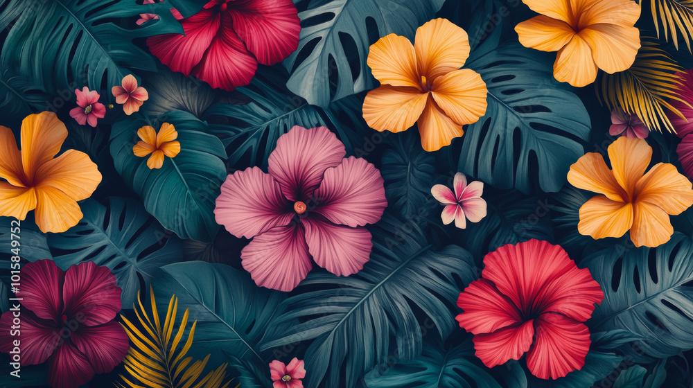 A colorful pattern of tropical flowers that repeats endlessly, perfect for summer designs. A colorful pattern of tropical flowers that repeats endlessly, perfect for summer designs.