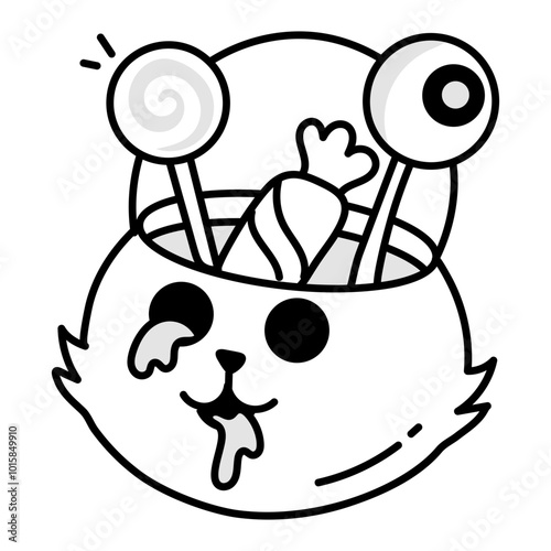 A doodle style icon of halloween candies in a spooky cat box

