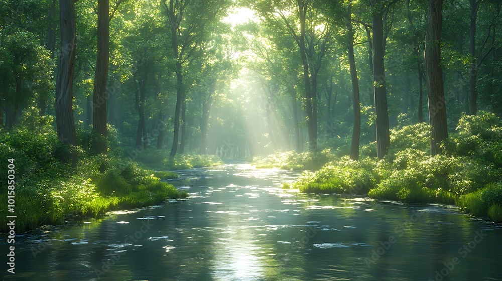 A stream gracefully winds its way through a dense forest, surrounded by vibrant green trees and foliage. A stream gracefully winds its way through a dense forest, surrounded by vibrant green trees and foliage.