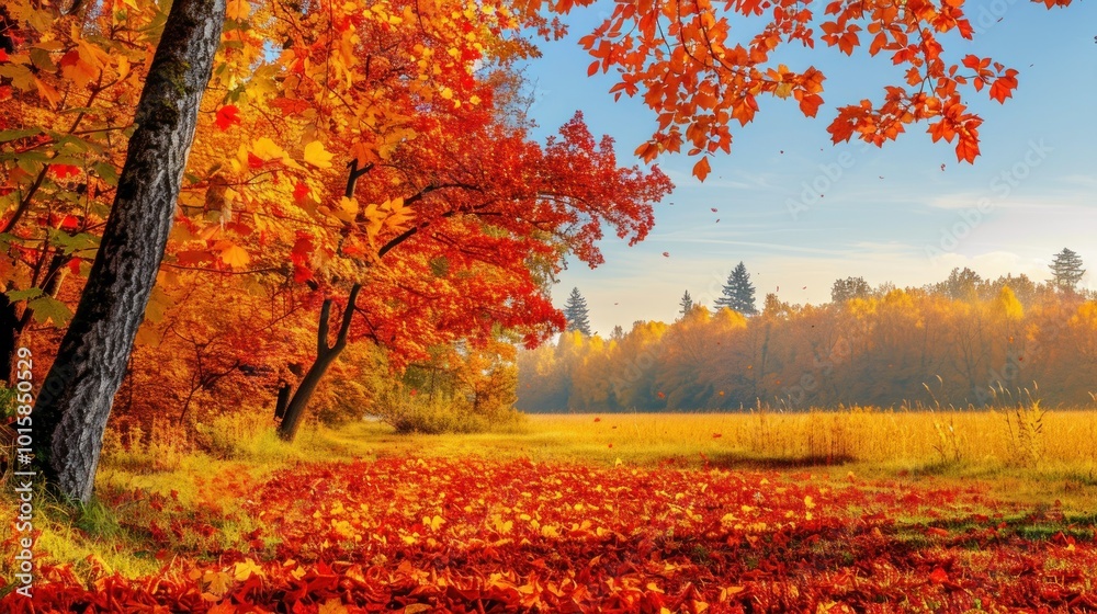 A vibrant autumn landscape with trees in full fall colors, displaying a stunning array of red, orange, and yellow leaves under a clear, bright sky A vibrant autumn landscape with trees in full fall colors, displaying a stunning array of red, orange, and yellow leaves under a clear, bright sky