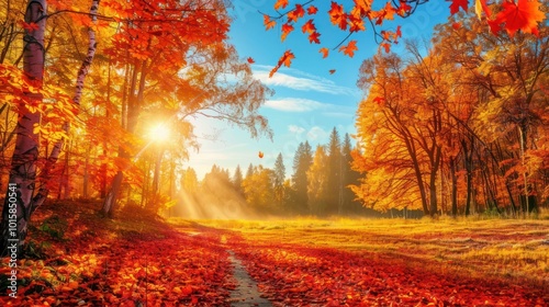 A vibrant autumn landscape with trees in full fall colors, displaying a stunning array of red, orange, and yellow leaves under a clear, bright sky photo