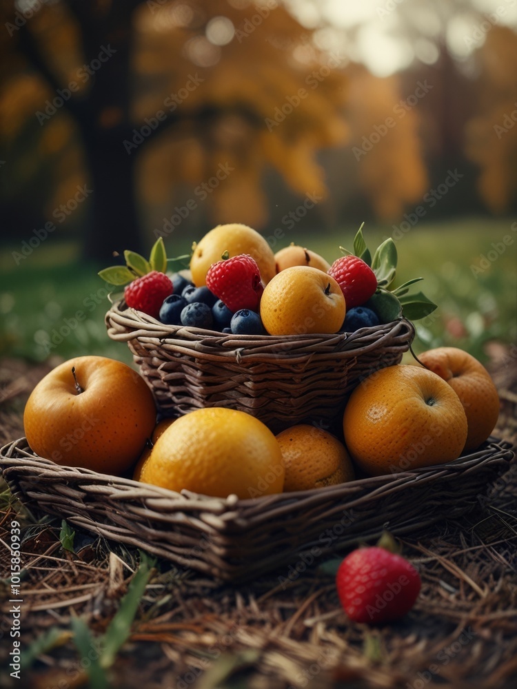Basket of Fresh Fruit in Autumnal Setting Basket of Fresh Fruit in Autumnal Setting